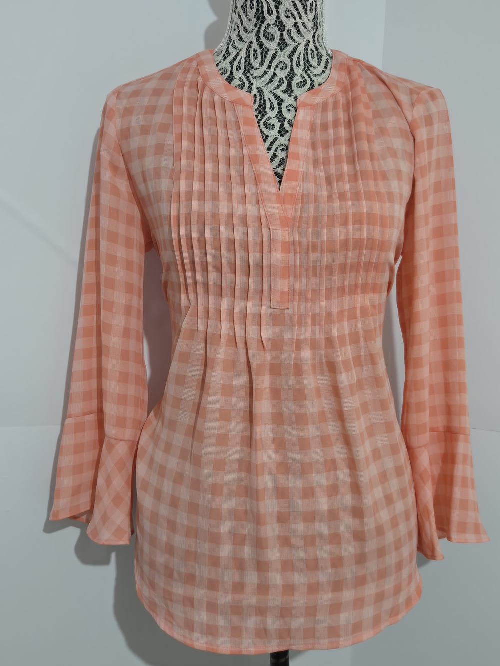 Style & Co. Peach Gingham Pintuck Peasant Blouse